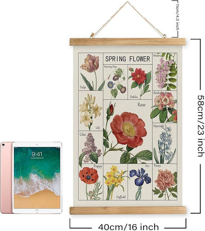 Vintage Spring Flower Poster Print, Botanical Educational Illustration, Rustic Wooden Hanger Frame, Linen Canvas Wall Art Decor, Farmhouse Cottagecore Style for Living Room Bedroom Office (16" x 23")