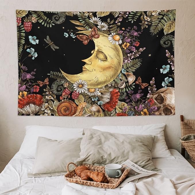 Boho Moon Tapestry Wall Hanging,Vintage Sun and Moon Skull Hippie Mushroom Floral Plant Tapestries for Dorm Living Room Bedroom Decor(60"x90")