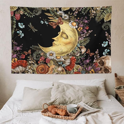 Boho Moon Tapestry Wall Hanging,Vintage Sun and Moon Skull Hippie Mushroom Floral Plant Tapestries for Dorm Living Room Bedroom Decor(60"x90")
