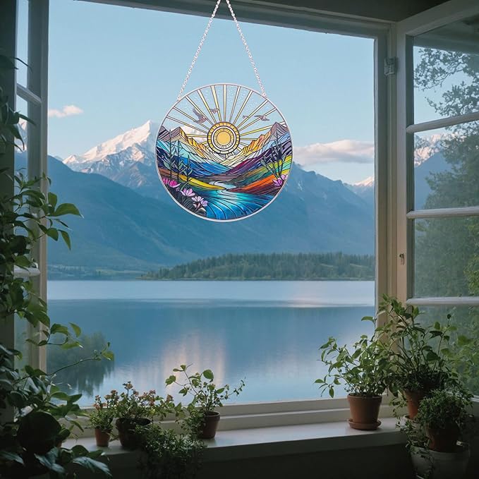 Sun Mountains Stained Glass Window Hanging Suncatcher – 9.9” Sun Catcher Glass Panel with Chain, Hand-Painted Round Glass Art, Gift for Women Mother's Day Christmas