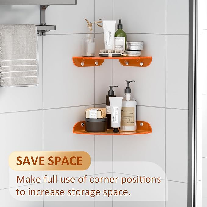 Sezanrpt 9.5x9.5 Inch Acrylic Corner Floating Shelf Set of 2, Orange Corner Wall Shelf for Home Décor, Speakers, Security Cameras, Toileries, Plants, Figures, Cosmetics, Books
