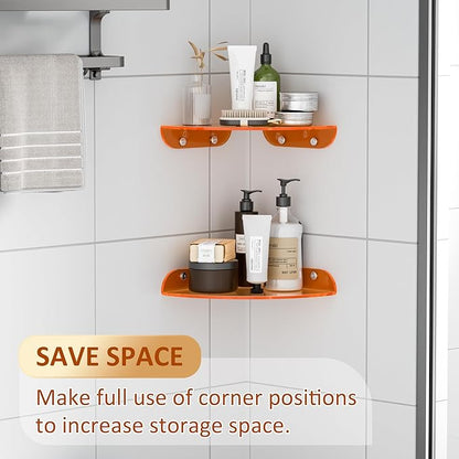 Sezanrpt 9.5x9.5 Inch Acrylic Corner Floating Shelf Set of 2, Orange Corner Wall Shelf for Home Décor, Speakers, Security Cameras, Toileries, Plants, Figures, Cosmetics, Books