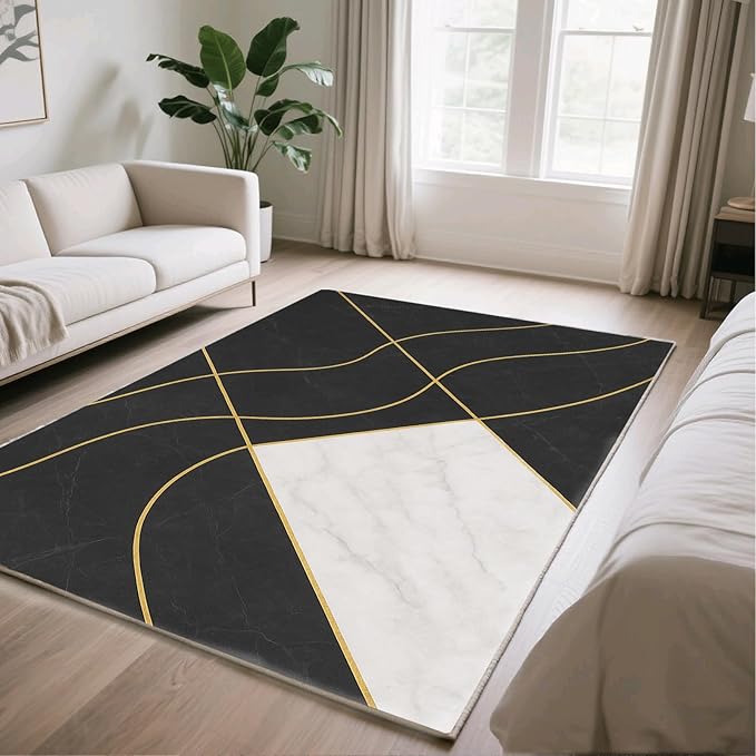Geometric Marble Rug - 5x6 Area Rug, Abstract Lines Area Rugs, Luxury Marble Carpet, Washable & Non Slip & Soft Rugs Home Decor
