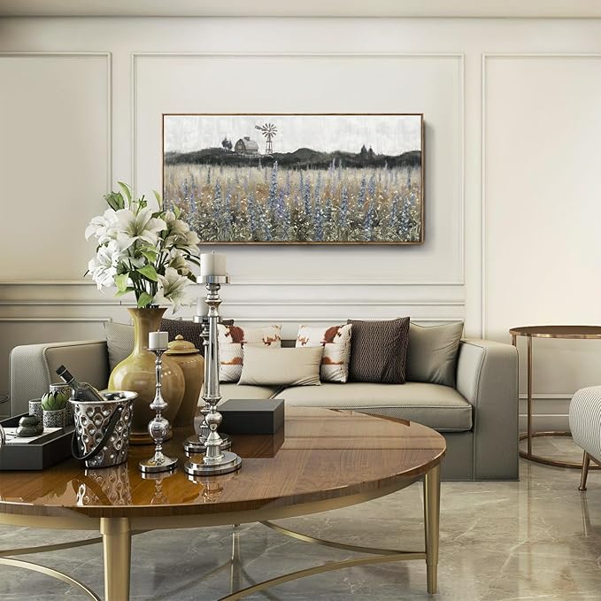 Large Framed Wall Art for Living Room Nature Wilderness Landscape Painting Vintage Canvas Print Rustic Farmhouse Scenery Picture Countryside Wildflower Field Meadow Windmill Barn Artwork 60"W x 30"H