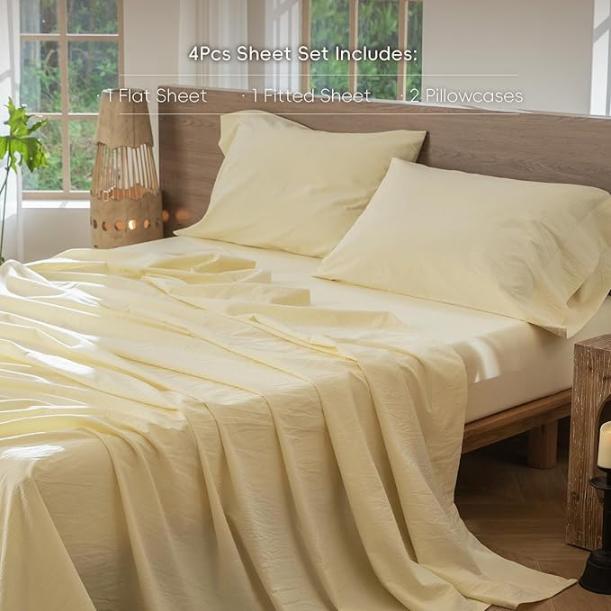 MooMee Bedding Sheet Set 100% Washed Cotton Linen Like Textured Breathable Durable Soft Comfy (Heathered Butter Yellow, California King)