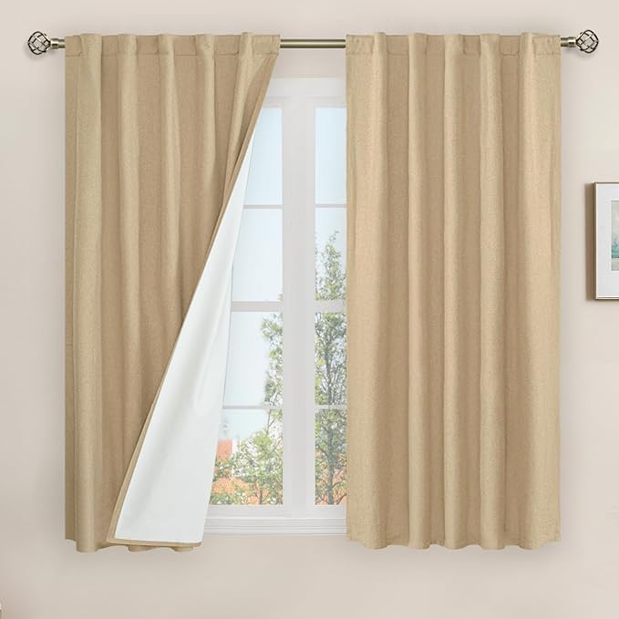 LAMIT Natural 100% Blackout Linen Curtains, 45 Inches Linen Textured Thermal Bedroom Curtains Back Tab and Rod Pocket Neutral Panels with White Liner for Farmhouse, 2 Panels, 42 x 45 Inch, Burlap