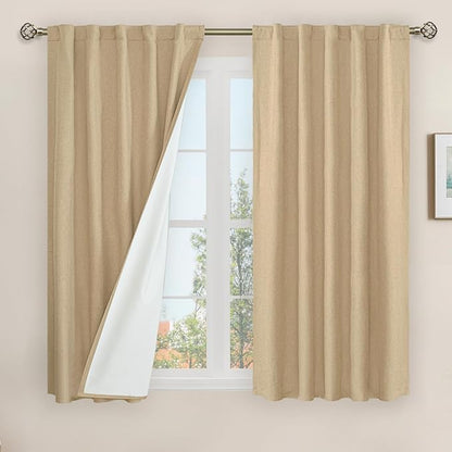 LAMIT Natural 100% Blackout Linen Curtains, 54 Inches Linen Textured Thermal Bedroom Curtains Back Tab and Rod Pocket Neutral Panels with White Liner for Farmhouse, 2 Panels, 42 x 54 Inch, Burlap
