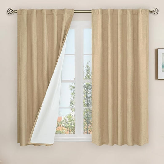 LAMIT Natural 100% Blackout Linen Curtains, 54 Inches Linen Textured Thermal Bedroom Curtains Back Tab and Rod Pocket Neutral Panels with White Liner for Farmhouse, 2 Panels, 42 x 54 Inch, Burlap