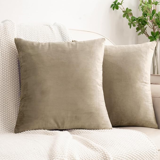 HWY 50 Taupe Velvet Throw Pillow Covers 20x20 Inch, Pack of 2 Soft Cozy Solid Decorative Luxury Cushion Cases for Couch Sofa Bed Living Room Bedroom