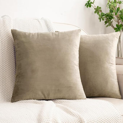 HWY 50 Taupe Velvet Throw Pillow Covers 20x20 Inch, Pack of 2 Soft Cozy Solid Decorative Luxury Cushion Cases for Couch Sofa Bed Living Room Bedroom