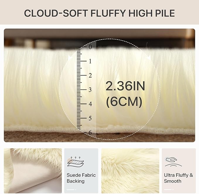 GENIMO 2x3 Fluffy Faux Fur Rug, Ultra Soft Shaggy Sheepskin Rug, High Pile Suede Backed Plush Area Rugs for Bedroom Living Room Indoor Floor Chair Cover Sofa, Cream