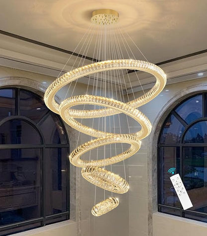 Modern Chandelier 8"+16"+24"+32"+40" 5 Rings Crystal LED Dimmable Lighting Foyer Entryway High Ceiling Living Room Chanderliers Pendant Lights Fixtures Gold Light