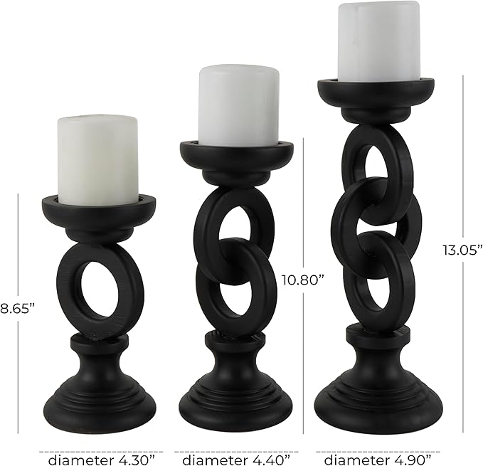 Deco 79 Wooden Decorative Candle Holder Chain Link Candle Stand, Set of 3 Candlestick Holder 13", 11", 9" H, Black