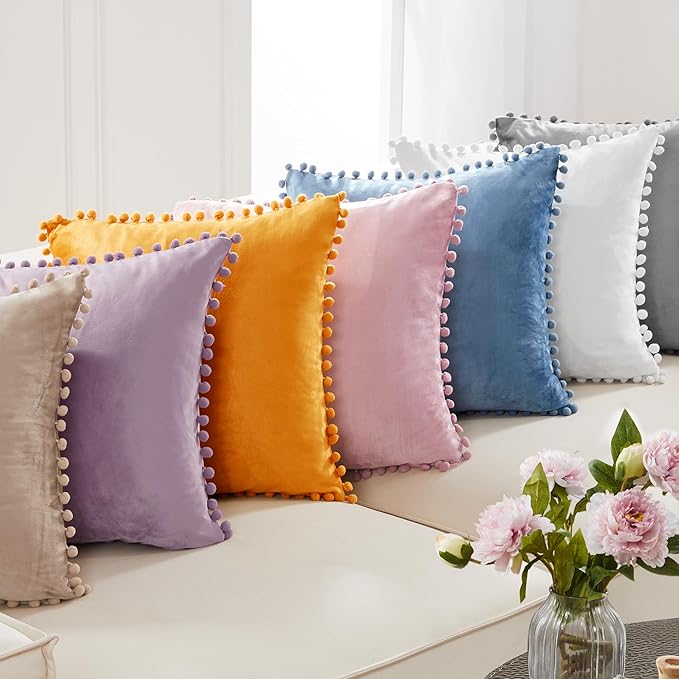 Deconovo Fall Pillow Covers Velvet Throw Pillow Covers, Set of 2, 20” x 20” Mustard Yellow, Square Pom-poms Soft with Invisible Zipper Cover for Sofa Couch Car