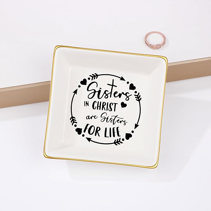 JoycuFF Gifts for Sister in Christ, Sister Gifts from Sisters Christian Gifts for Women Religious Ceramic Trinket Dish Tray, Gifts for Womens Birthday Christmas
