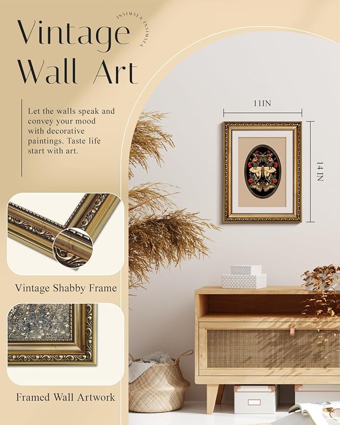 InSimSea Gold Framed Canvas Wall Art Room Decor Butterfly and Moth Classic Nature Print Wall Pictures Elegant Home Decor for Bedroom Bathroom Dining Room – 14L X 11W