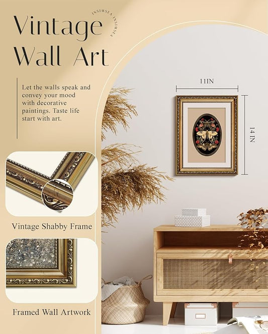 InSimSea Gold Framed Canvas Wall Art Room Decor Butterfly and Moth Classic Nature Print Wall Pictures Elegant Home Decor for Bedroom Bathroom Dining Room – 14L X 11W