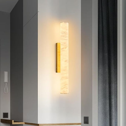 LMQNINE Natural Alabaster Wall Sconces Set of Two Spanish Marble Wall Light Cylinder Modern Gold LED Sconce for Living Room Bedroom Bathroo Stairs（M-2Pack）