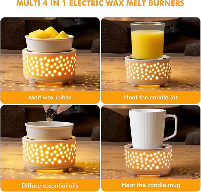 EQUSUPRO Ceramic Wax Melts Warmer–Electric Candle Wax Warmer for Scented Wax PTC Heating 5-in-1 Night Light Electric Wax Burner Fragrance Wax Melter for Home Office Decor & Gift (Hollow-Out)