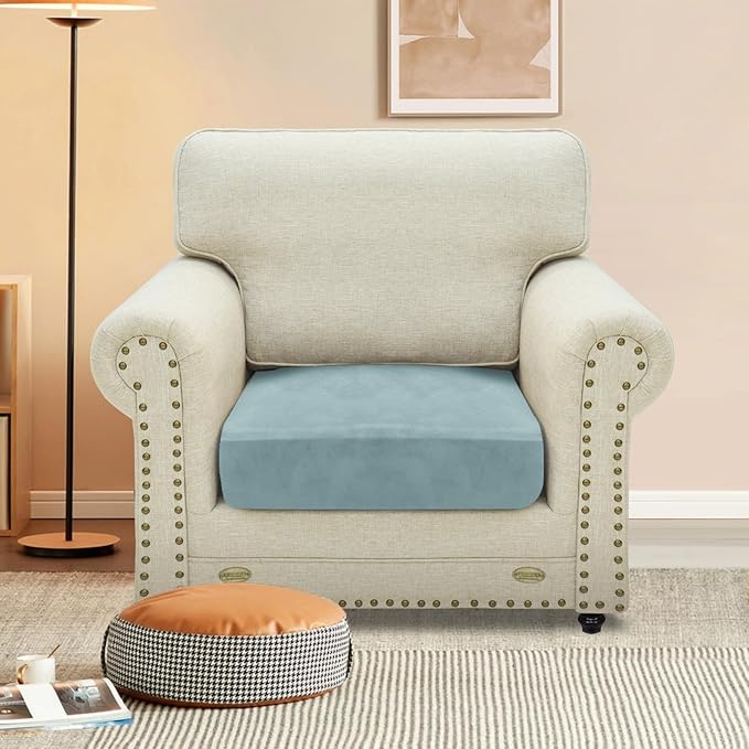 MAXIJIN Velvet Stretch Cushion Cover Fitted Couch Cushion Slipcovers 1 Pack Arm Chair Seat Cushion Cover for Individual Cushion Sofa Chair with Elastic Bottom (Chair Cushion, Dusty Blue)