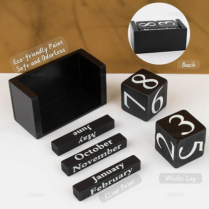 AUEAR, Wooden Block Perpetual Desk Calendar Desktop Cube Rustic Chic Number for Home Office Decoration (Black, 1 Pack)