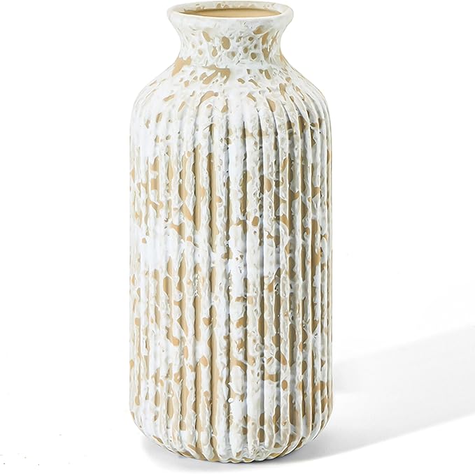 Ceramic Flower Vase Home Décor, 9.25 Inch Rustic Farmhouse Vase, Ribbed Vintage Vase, Pottery Decorative Vases for Living Room, Entryway Table, Shelf, Kitchen Island, Coffee Table(Mottled-Gray)