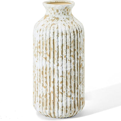Ceramic Flower Vase Home Décor, 9.25 Inch Rustic Farmhouse Vase, Ribbed Vintage Vase, Pottery Decorative Vases for Living Room, Entryway Table, Shelf, Kitchen Island, Coffee Table(Mottled-Gray)