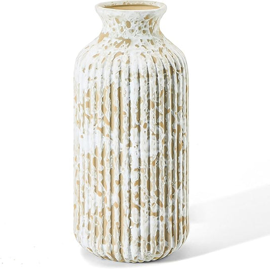 Ceramic Flower Vase Home Décor, 9.25 Inch Rustic Farmhouse Vase, Ribbed Vintage Vase, Pottery Decorative Vases for Living Room, Entryway Table, Shelf, Kitchen Island, Coffee Table(Mottled-Gray)