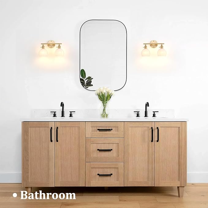 Bathroom Light Fixtures, 2-Light Brass Vanity Wall Light Over Mirror with White Tulip Glass Shade for Bedroom Living Room (Bulb Not Included)