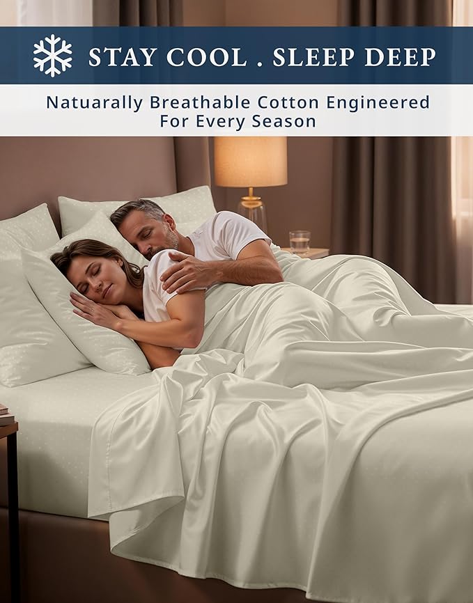 100% Egyptian Cotton Sheet Set Queen Size – Silky Sateen Weave Queen Sheet Set for Winter Sleep Comfort, 15" Snug Fit Deep Pocket, Breathable Hotel-Quality Soft Luxury You Can Feel - Swiss Dot Ivory