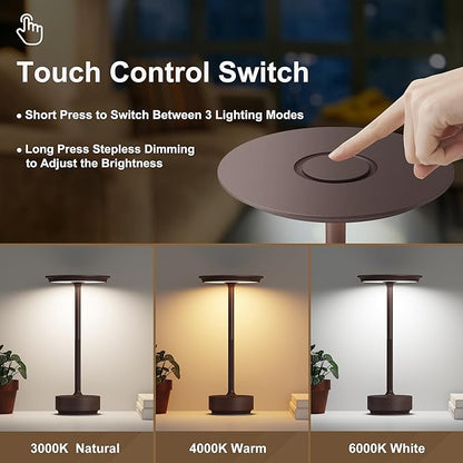 2 Pack Rechargeable Cordless Table Lamps, 5000mAh Portable LED Table Light, 3 Color Stepless Dimming Battery Powered Metal Table Lamp for Outdoor/Home/Restaurant.(Rust)