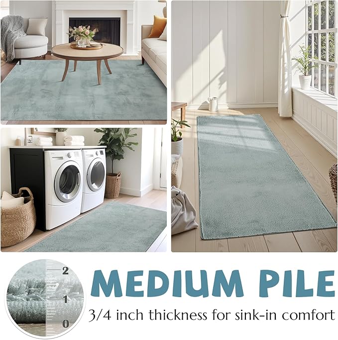 jinchan Solid Plush Runner Rug 2x5 Performance Shaggy Washable Hallway Rug Soft Modern Faux Wool Cozy Non Slip Carpet for Bedroom Laundry Room Living Room Kids Nursery Slate Blue