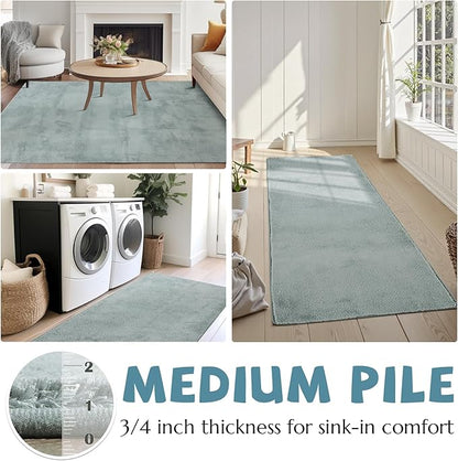 jinchan Solid Plush Runner Rug 2x5 Performance Shaggy Washable Hallway Rug Soft Modern Faux Wool Cozy Non Slip Carpet for Bedroom Laundry Room Living Room Kids Nursery Slate Blue