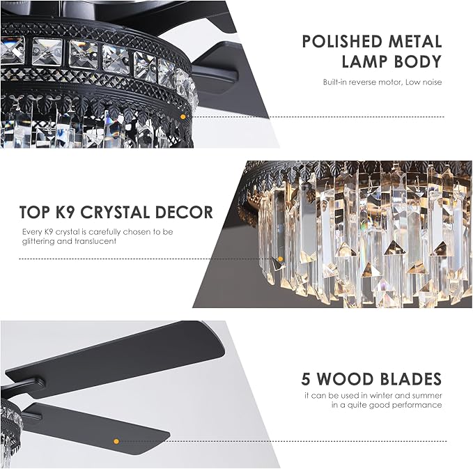 Asyko Crystal Ceiling Fan Fandelier with Lights - 46" Outdoor Fans with Remote Control，Crystal Ceiling Fans Noiseless DC Motor, Retro/Farmhouse Lighting, Dining Room,Living Room