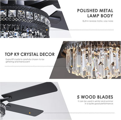 Asyko Crystal Ceiling Fan Fandelier with Lights - 46" Outdoor Fans with Remote Control，Crystal Ceiling Fans Noiseless DC Motor, Retro/Farmhouse Lighting, Dining Room,Living Room
