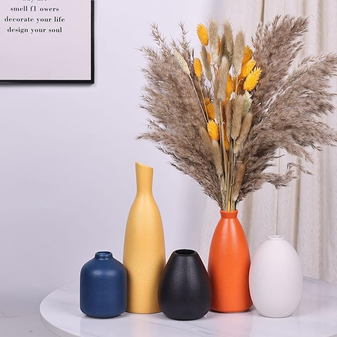 Colorful Ceramic Bud Vases Set of 5 - Multicolor Yellow, Orange, Blue Small Vases for Home Decor - Ideal for Living Room, Kitchen, Office, Bathroom, Mantle, Entrance, Farmhouse & Coffee Table Decor