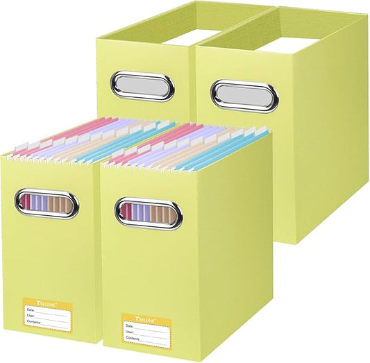 BALEINE File Organizer Box, Cardboard File Folder Organizer with Handle for Letter Size, Portable Collapsible Hanging Filing Box for Home Office Document Storage (4 Pack, Yellow)