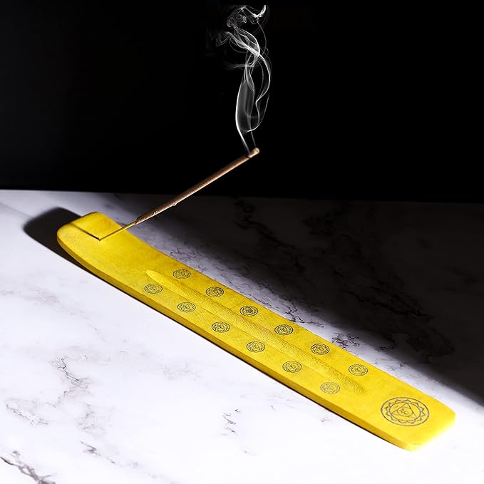 Bless-International Traditional-Handmade-Burner Wooden-Incense-Stick-Holder Ash-Catcher-Stand for-Aromatherapy-Meditation-Yoga (Positivity Yellow) 10 Inches, Pack of 2