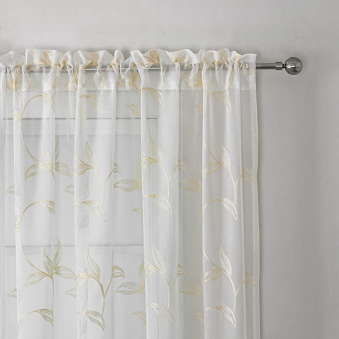 VISIONTEX Sheer Curtains 63 Inch Length 2 Panels Set Cream Beige Embroidered Floral Leaf Pattern Rod Pocket Semi Sheer Voile Window Curtains/Drapes for Bedroom Living Room 54 x 63 Inches