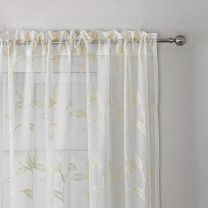 VISIONTEX Sheer Curtains 63 Inch Length 2 Panels Set Cream Beige Embroidered Floral Leaf Pattern Rod Pocket Semi Sheer Voile Window Curtains/Drapes for Bedroom Living Room 54 x 63 Inches