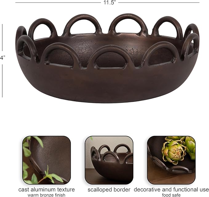 Kate and Laurel Lusila Vintage Metal Food-Safe Bowl, 12 Inch Diameter, Bronze, Classic Scalloped Loop Bowl for Use as Serving Bowl or Decorative Fruit Bowl