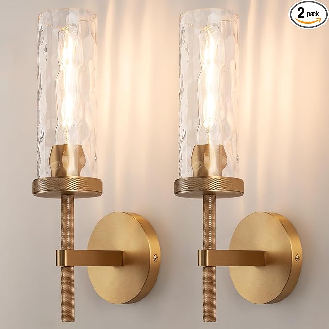15" Knurled Brass Wall Sconces Set of 2, Gold Bathroom Vanity Light Fixtures with Water Ripples Glass Tube, Modern Lamp Lighting for Bedroom, Living Room, Hallway, Staircase, Mirror, Kitchen