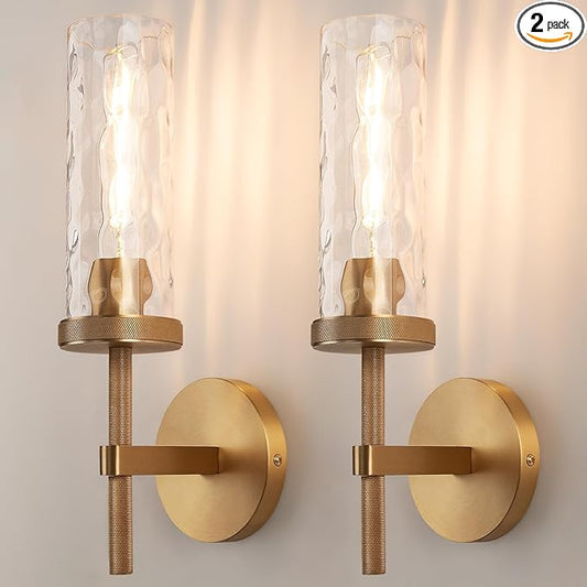 15" Knurled Brass Wall Sconces Set of 2, Gold Bathroom Vanity Light Fixtures with Water Ripples Glass Tube, Modern Lamp Lighting for Bedroom, Living Room, Hallway, Staircase, Mirror, Kitchen
