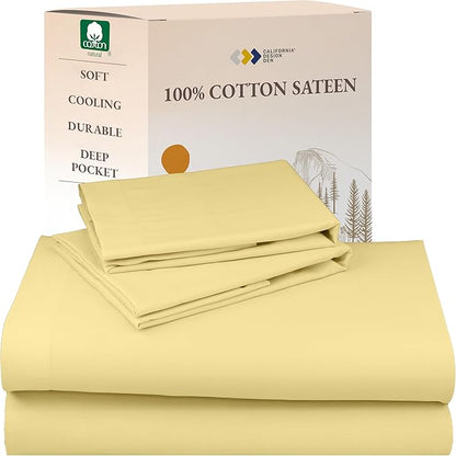 California Design Den Natural 100% Cotton Bed Sheets Full Size Bed Set with Deep Pockets - Soft Sateen Weave, Durable Sheets (Buttery Yellow)