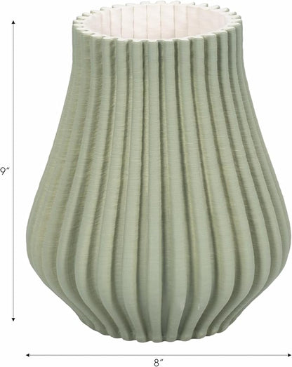 Flower Vase for Living Room Decor Display – 3D Printed Design, Ceramic Vase for Bedroom, House, Room, or Office Decor Accent – Ribbed Decorative Vase for Home and Table Accent– 9” Green
