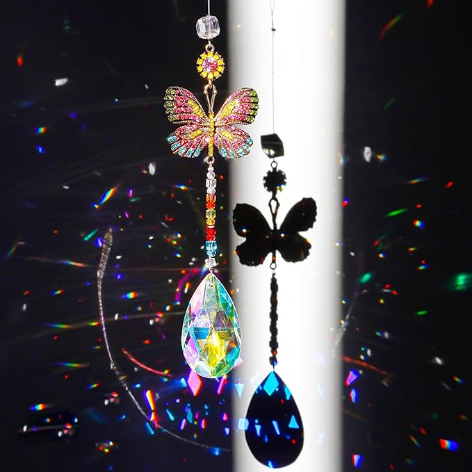 Hanging Butterfly Shaped Suncatcher Crystals, Glass Teardrop Prism Rhinestones Sun Catchers, Rainbow Maker Pendant Indoor Window Home Car Decor Gift