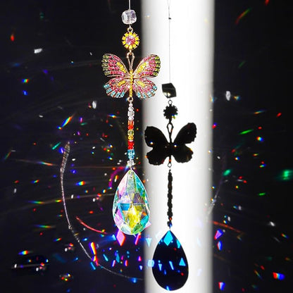 Hanging Butterfly Shaped Suncatcher Crystals, Glass Teardrop Prism Rhinestones Sun Catchers, Rainbow Maker Pendant Indoor Window Home Car Decor Gift