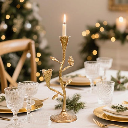 Gold Candelabra with Flowers and Bird for Farmhouse Decor, Vintage Metal Candlestick Holders for Dinner Room Table Centerpiece Decorative, Iron Candle Holder for Mantel Wedding Party Decor
