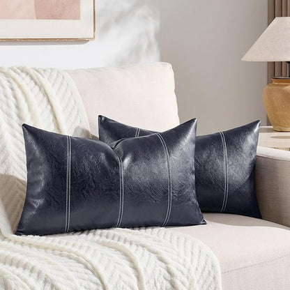 Fancy Homi 2 Packs Navy Blue Lumbar Waterproof Faux Leather Decorative Throw Pillow Covers 12x20 Inch for Outdoor Couch Bed, Modern Farmhouse Boho Home Decor, Blue Hand Stitched Cushion Case 30x50 cm