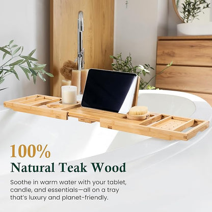 Bamboo Bathtub Tray, Bath Caddy with Wine Glass Holder, Phone Dock & Book Stand | Hands-Free Reading & Ultimate Spa Relaxation Experience-Natural
